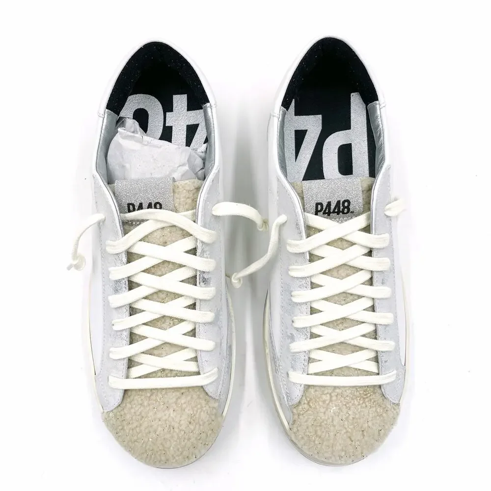 P448‎ John Lama Sneaker White Silver Lace Up Low Top Leather Sz 41 / 10.5